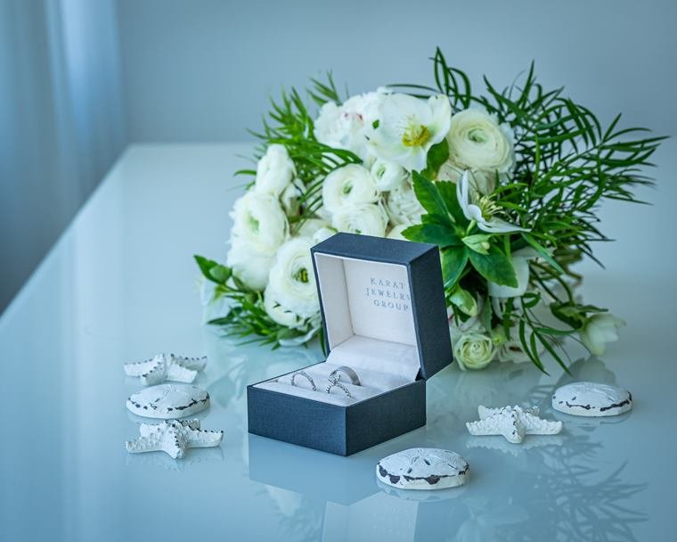 Wedding rings and bouquet details